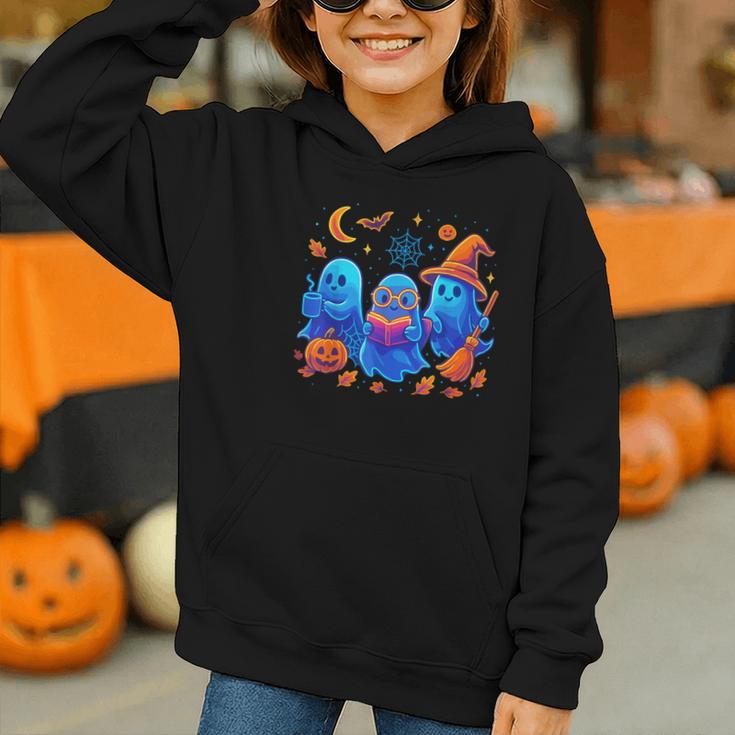 Little Ghost Coffee Tee Spooky Season Ghost Reading Book Graphic Youth Hoodie