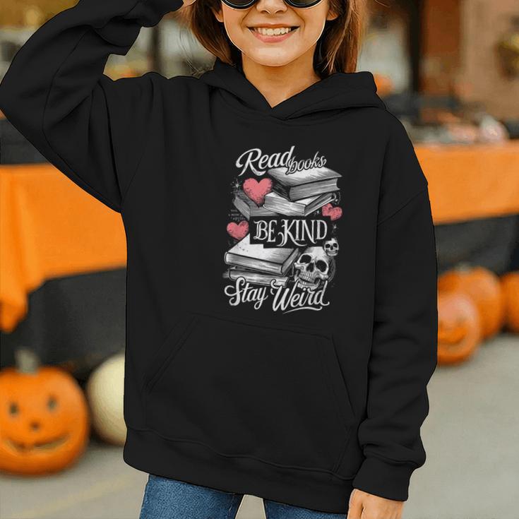 Read Books Be Kind Stay Weird Skeleton Heart Reading Alt Graphic Youth Hoodie