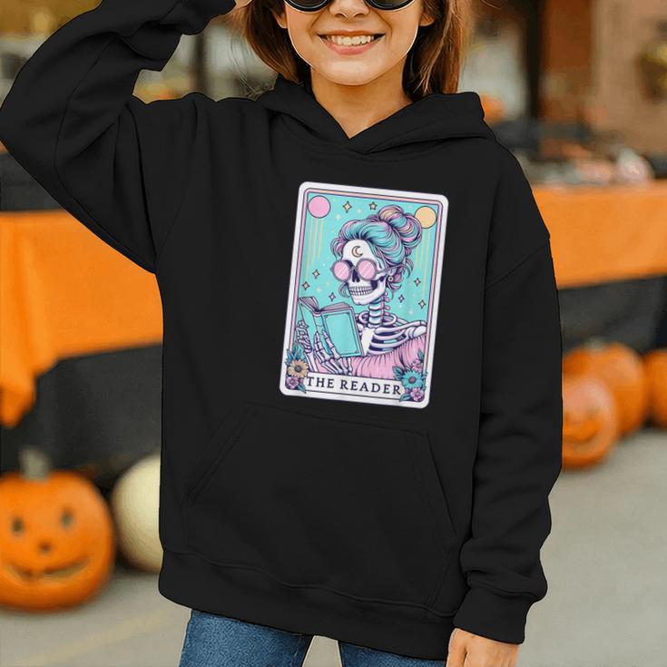 The Reader Retro Reading Skeleton Books Flowers Tarot Card Graphic Youth Hoodie