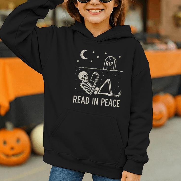 Skeleton Read In Peace Halloween Book Graphic Bookish Graphic Youth Hoodie