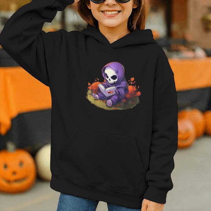 Spooky Grim Reaper Reading A Book Cute Creepy Halloween Graphic Youth Hoodie