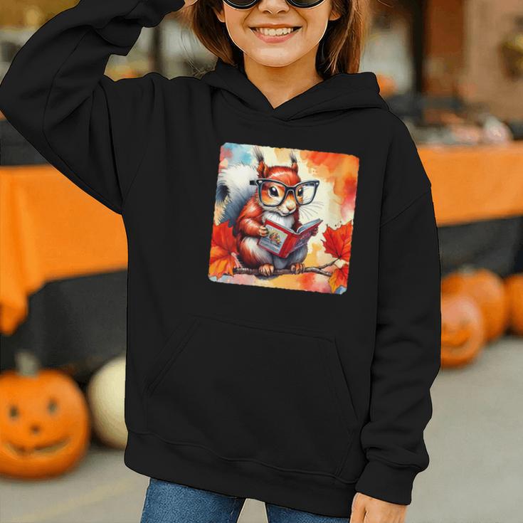 Squirrel Reading Comic Book On Autumn Branch Glasses Leaves Graphic Youth Hoodie