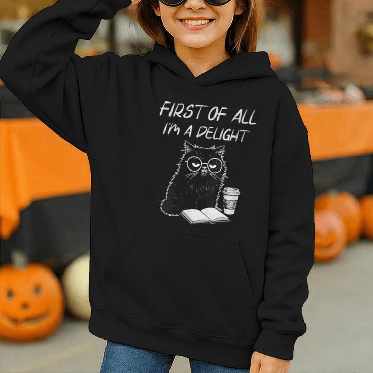 Women's First Of All I’m A Delight Cute Cat Books Coffee Humor Graphic Youth Hoodie