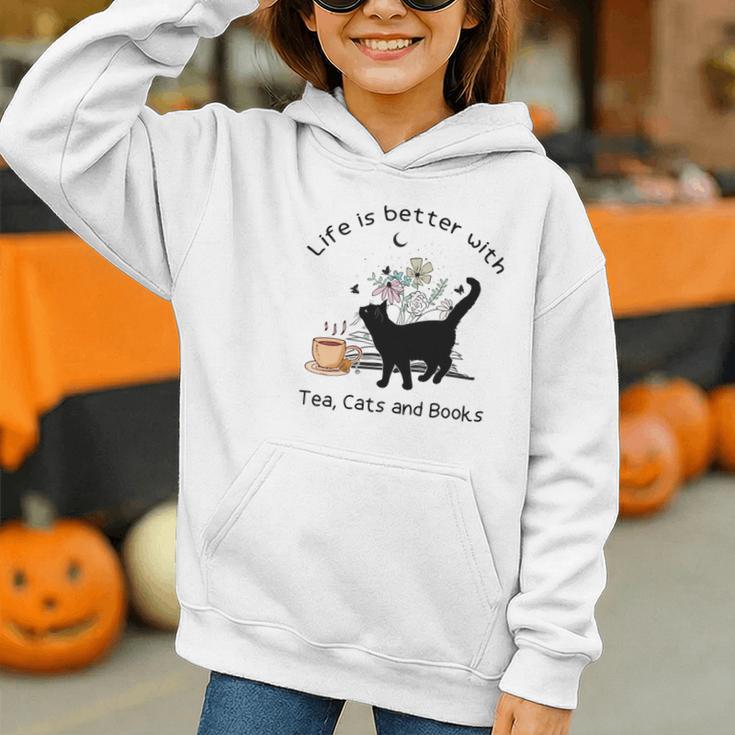 Life Is Better With Tea Cats And Books Cat Sayings Graphic Youth Hoodie