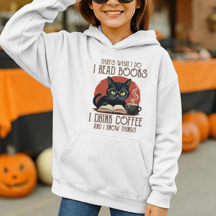 i Read Books And i Know Things Cat Reading Coffee Graphic Youth Hoodie