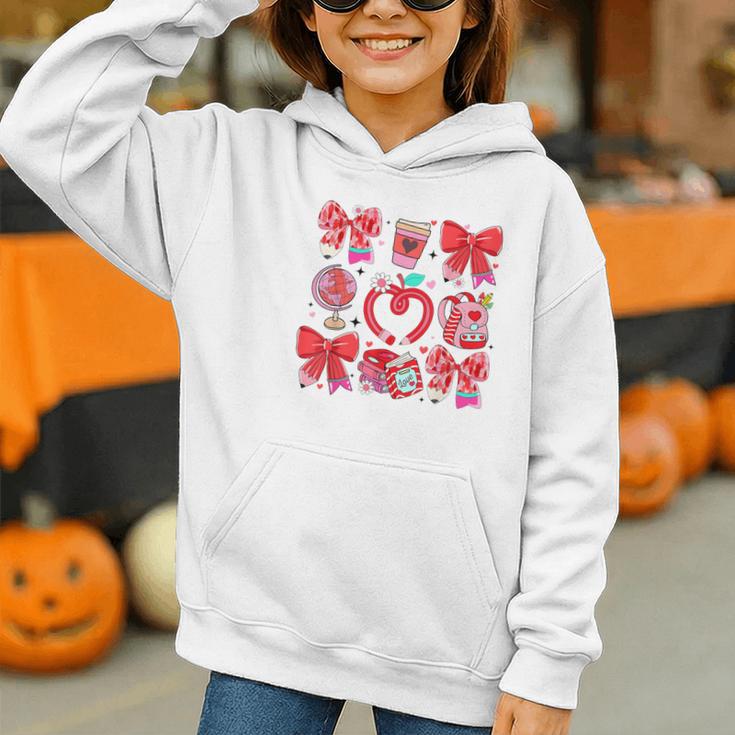 Valentine Teacher Coquette Bow Pencil Heart Book Girl Women Graphic Youth Hoodie