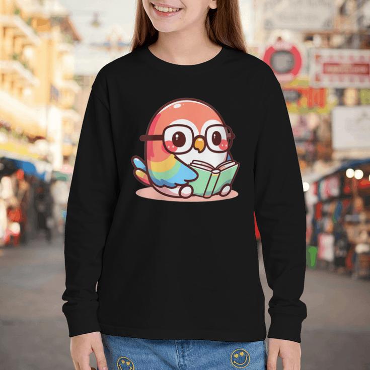 Adorable Book Lover Parrot With Reading Glasses Cute Youth Long Sleeve Tee