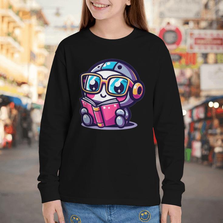 Adorable Book Lover Robot With Reading Glasses Cute Youth Long Sleeve Tee