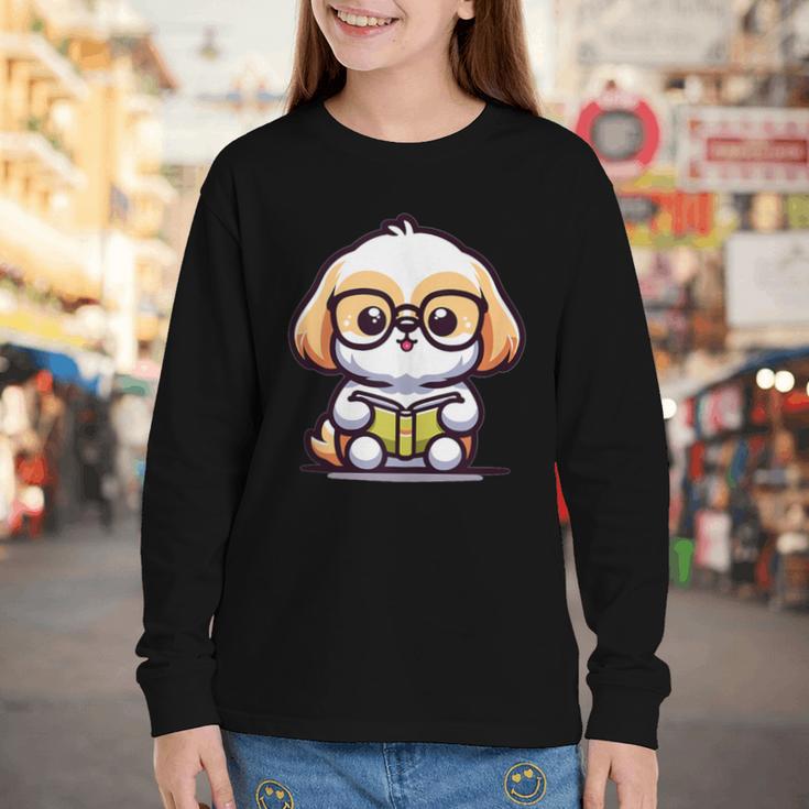 Adorable Book Lover Shih Tzu With Reading Glasses Cute Youth Long Sleeve Tee Adorable Book Lover Shih Tzu With Reading Glasses Cute Youth Long Sleeve Tee