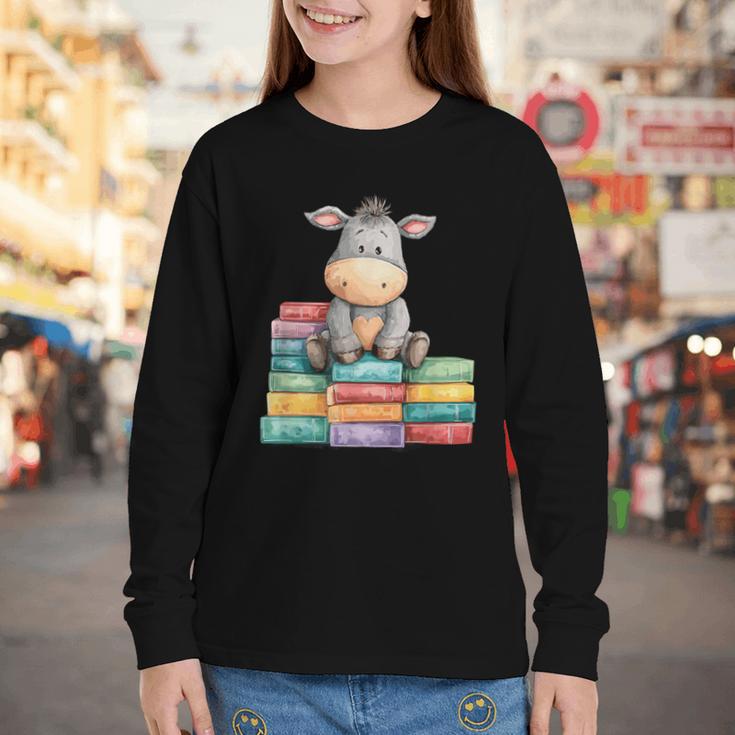 Adorable Donkey With Heart Sitting On Colorful Book Stack Youth Long Sleeve Tee
