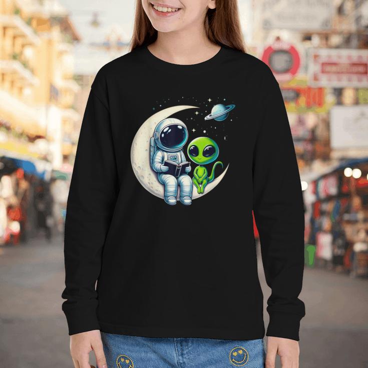 Astronaut Reading Book To Alien Shirt Moon Space Lover Kids Youth Long Sleeve Tee
