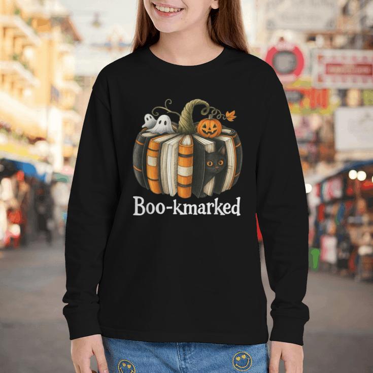 Boo-Kmarked Fall Pumpkin Books Halloween Teacher Teaching Youth Long Sleeve Tee Boo-Kmarked Fall Pumpkin Books Halloween Teacher Teaching Youth Long Sleeve Tee