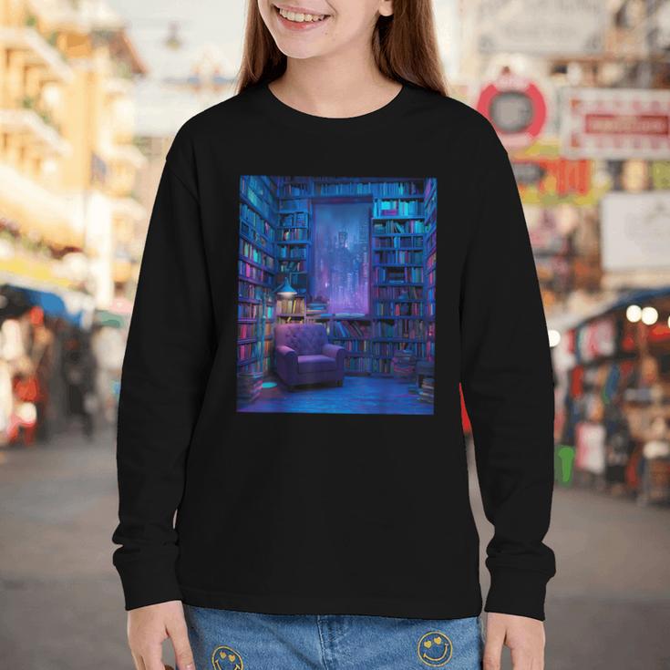 Book Library Bookshelf Armchair Window Pattern Print Youth Long Sleeve Tee