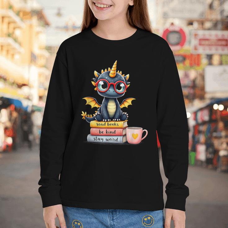 Book Lover Cute Baby Dragon Reading Youth Long Sleeve Tee