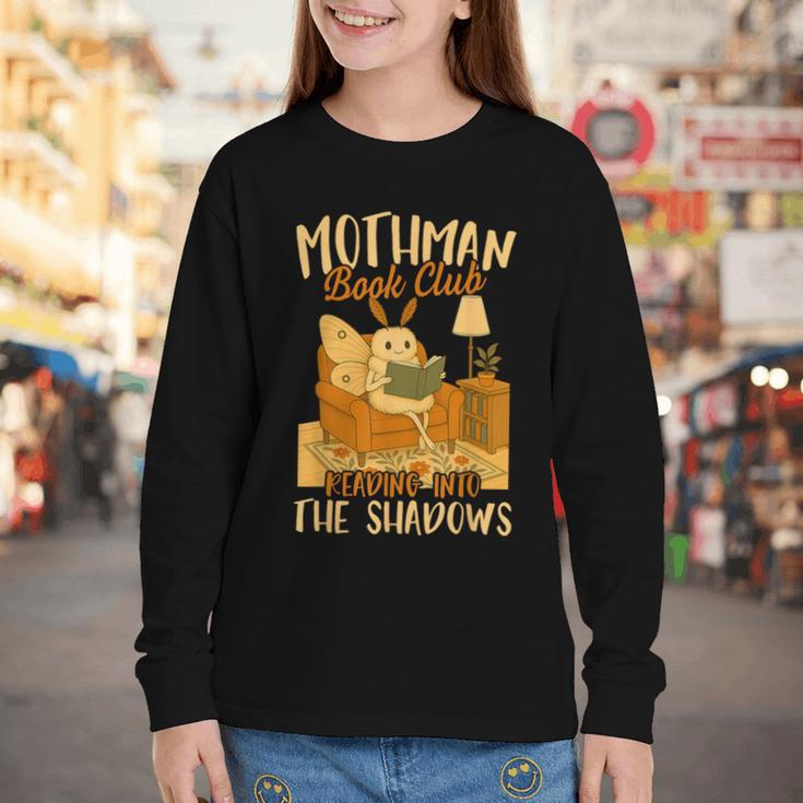 Book Lover Moth Mothman Book Club Reading Into Shadows Youth Long Sleeve Tee Book Lover Moth Mothman Book Club Reading Into Shadows Youth Long Sleeve Tee