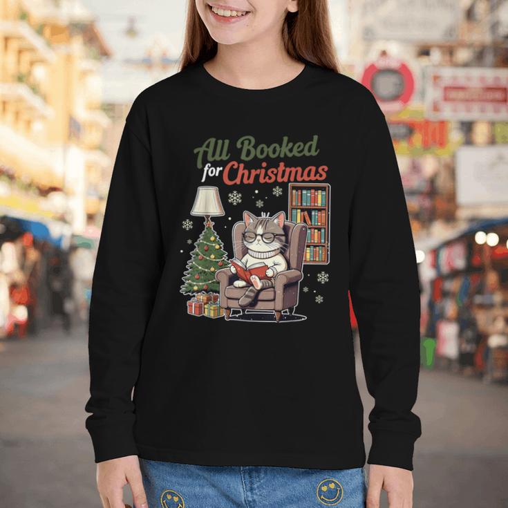 All Booked For Christmas Cute Bookish Cat Lover Youth Long Sleeve Tee