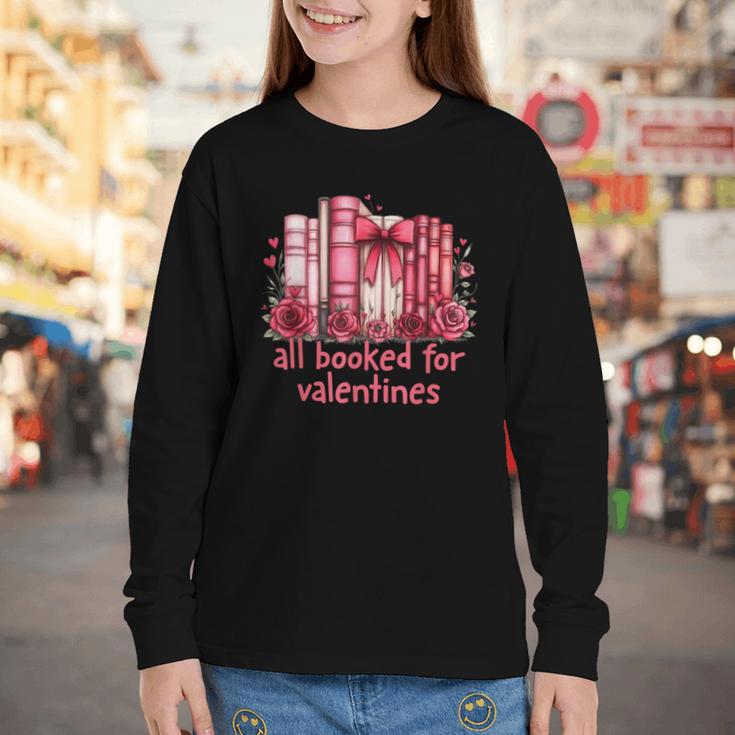 All Booked For Valentines Coquette Bow Book Lover Bookworm Youth Long Sleeve Tee