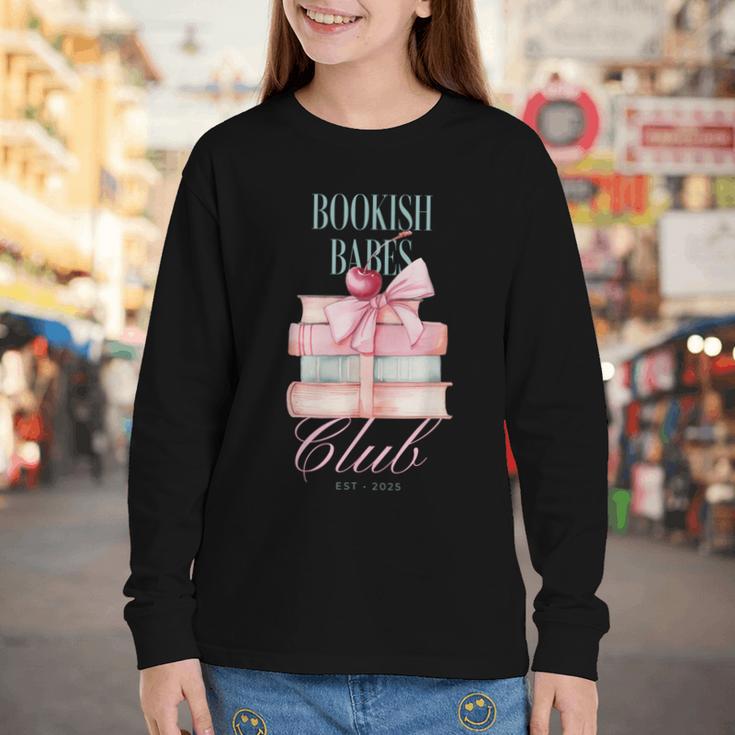 Bookish Babes Club Cute Pink Book Stack With Bow Youth Long Sleeve Tee