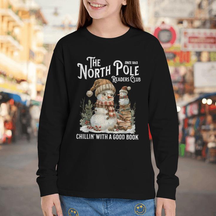 Bookish Christmas North Pole Book Club Snowman Book Worm Youth Long Sleeve Tee