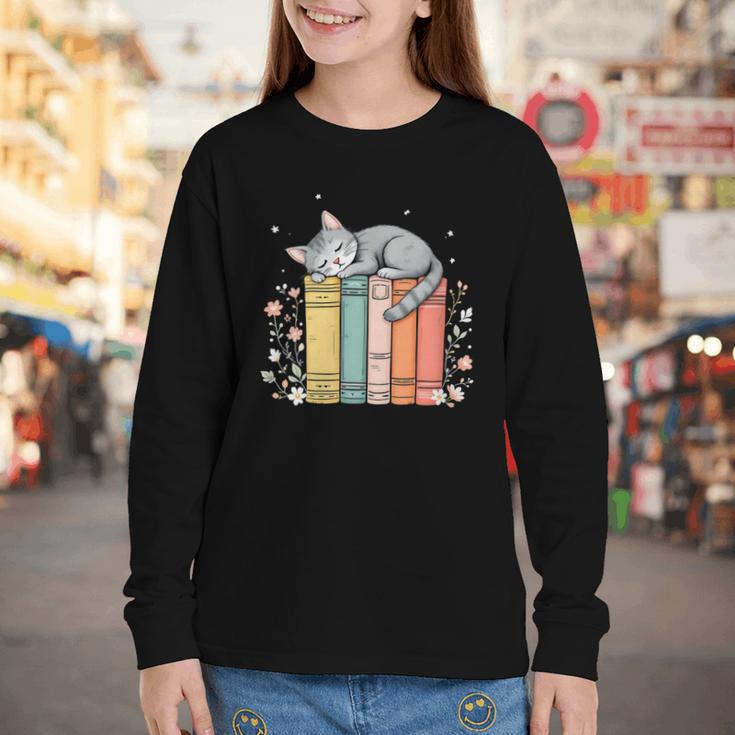 Books Lover Cute Sleepy Cat Relax Reading Vibe Youth Long Sleeve Tee
