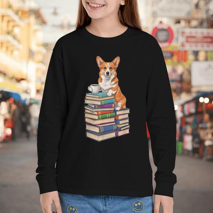 Bookworm Corgi Reading Books Drinking Coffee Dog Lover Youth Long Sleeve Tee