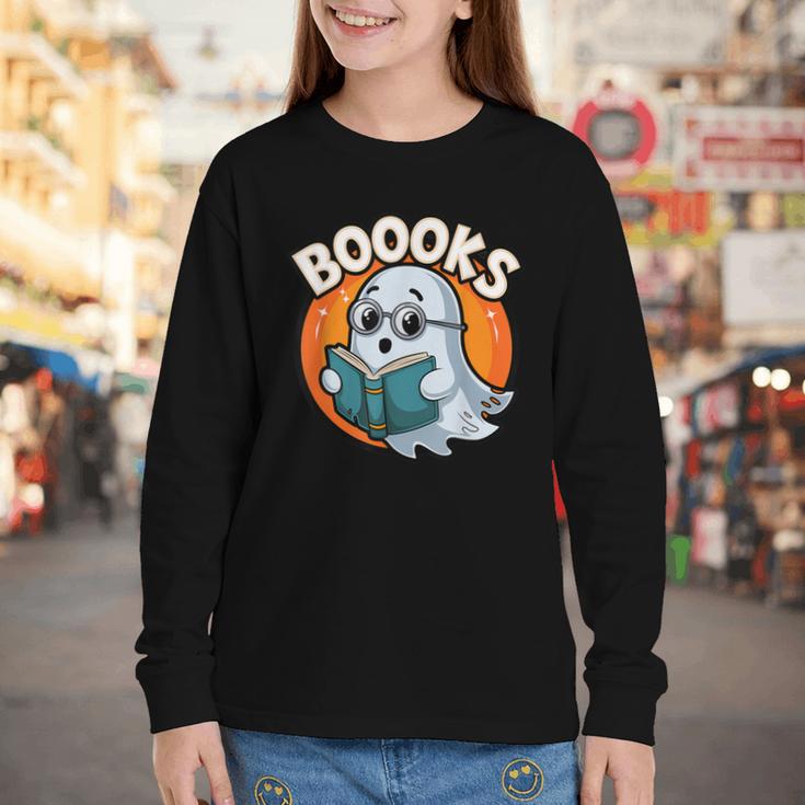 BOOOKS Cute Ghost Reading Books Halloween Youth Long Sleeve Tee BOOOKS Cute Ghost Reading Books Halloween Youth Long Sleeve Tee