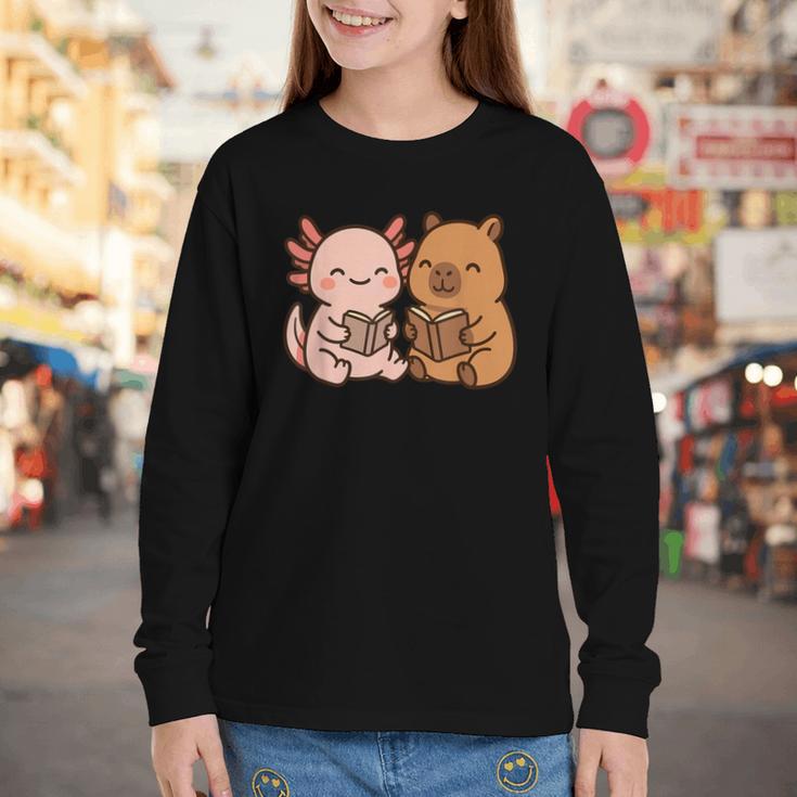 Capybara Axolotl Kawaii Kids Anime Book Lover Reading Youth Long Sleeve Tee Capybara Axolotl Kawaii Kids Anime Book Lover Reading Youth Long Sleeve Tee