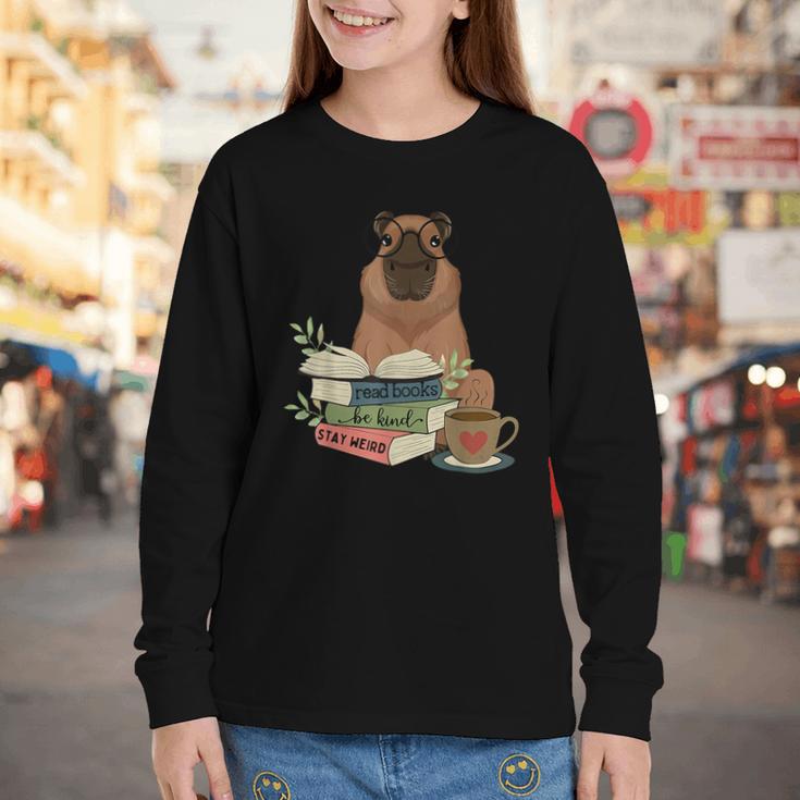 Capybara Glasses Reading Books Capybara Nerd Bookworm Youth Long Sleeve Tee