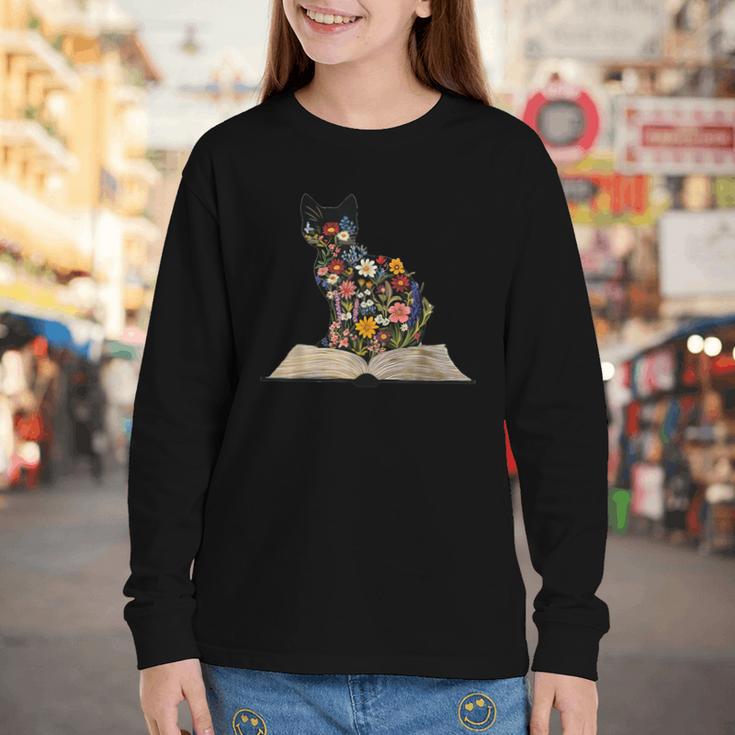 Cat Book Flowers Youth Long Sleeve Tee