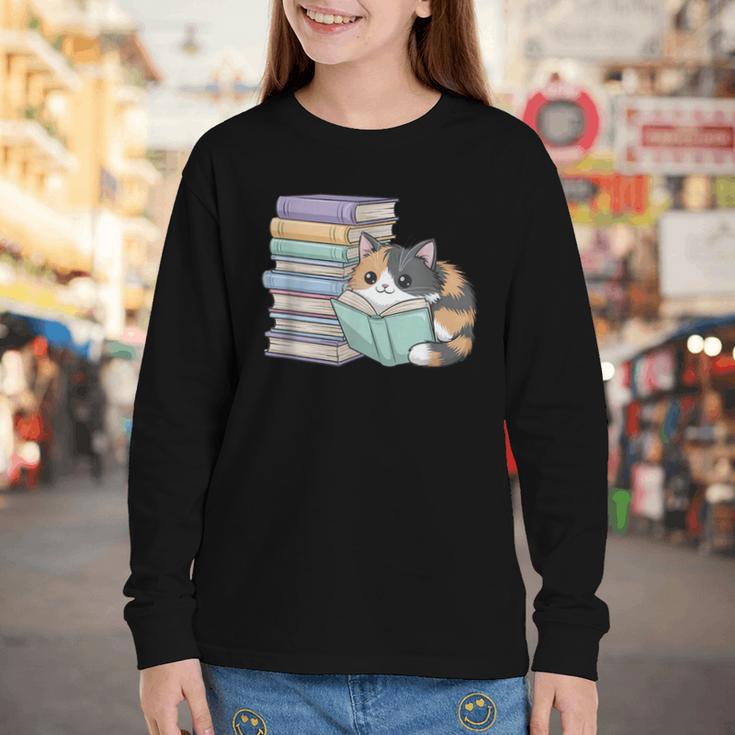 Cat On Books Pets Cats Reading Book Nerd Read Reader Bookcat Youth Long Sleeve Tee