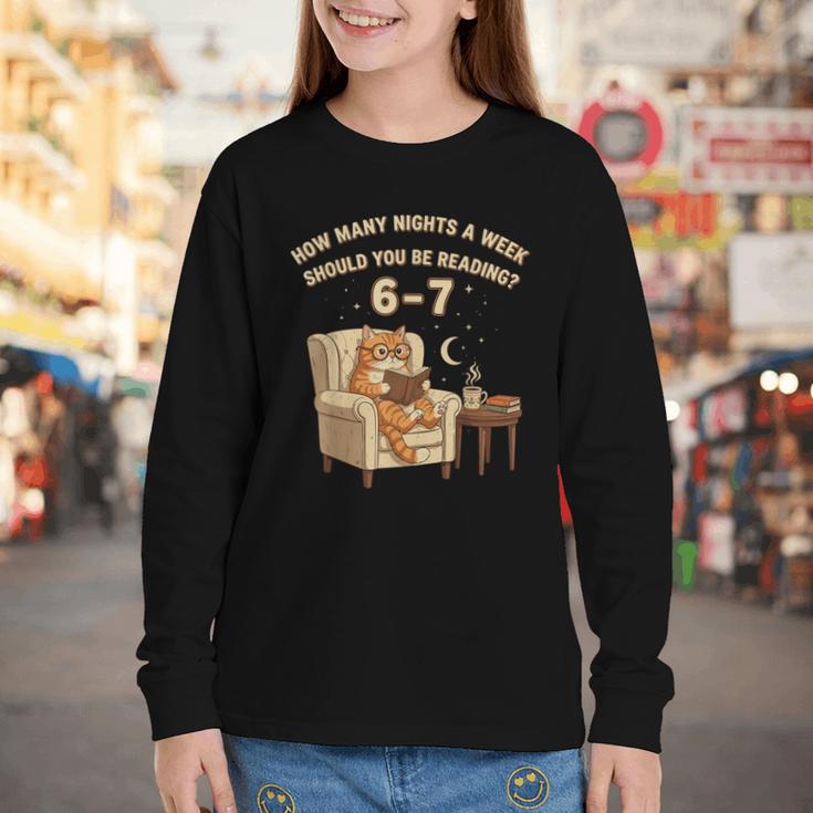 Cat Reading 6-7 Meme English Teacher Book Lover Humor Youth Long Sleeve Tee