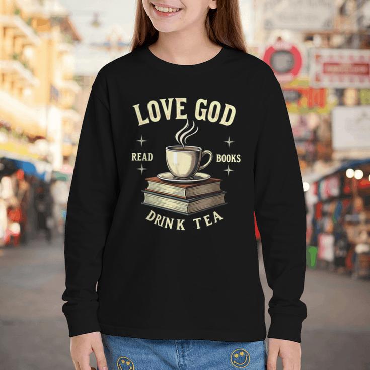 Christian Bookworm Love God Read Books Drink Tea Youth Long Sleeve Tee