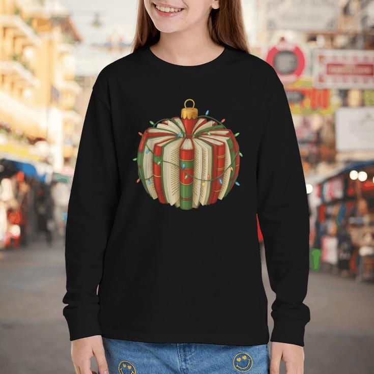 Christmas Book Ornament Lights Holiday Reading Lover Teacher Youth Long Sleeve Tee