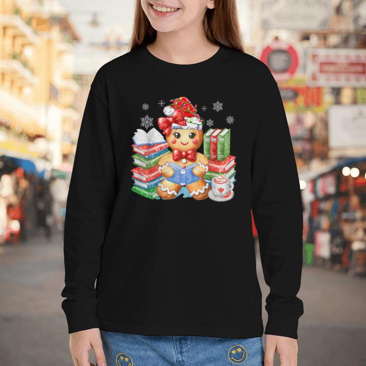 Christmas Gingerbread Man Reading Book Snowflake Teacher Youth Long Sleeve Tee