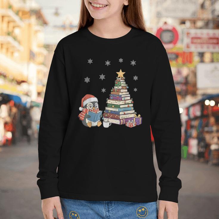 Christmas A Penguin Reading Book Snowflake Cocoa Hot Teacher Youth Long Sleeve Tee