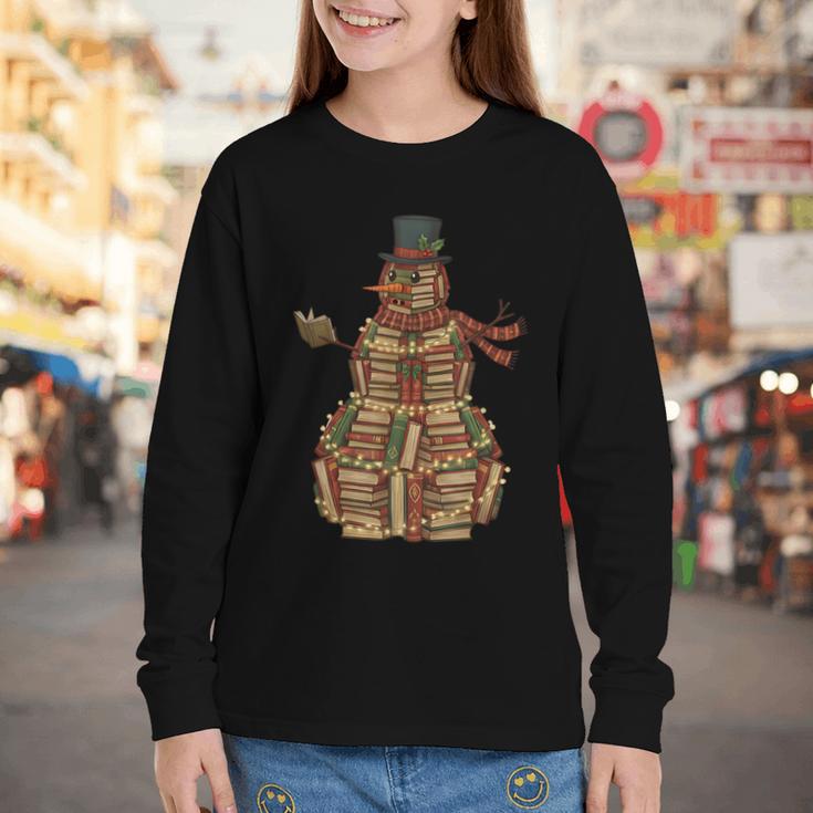 Christmas Snowman Made Of Books Holiday Reading Xmas Youth Long Sleeve Tee