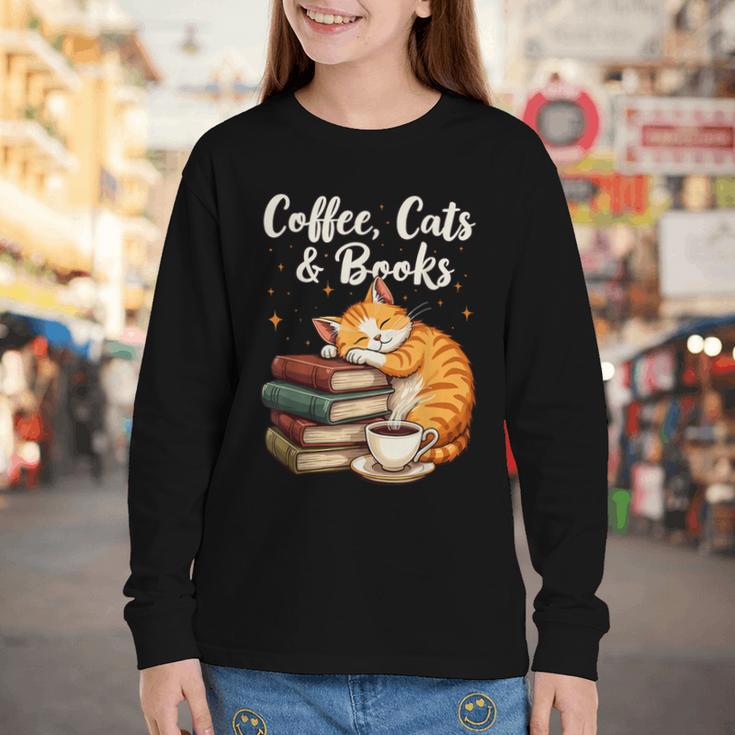 Coffee Cats & Books Lover For Women & Girls Coffee Youth Long Sleeve Tee