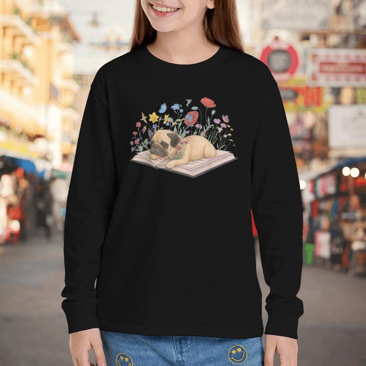 Color Floral Cute Pug Dog On Book Reading Bookworm Reader Youth Long Sleeve Tee Color Floral Cute Pug Dog On Book Reading Bookworm Reader Youth Long Sleeve Tee