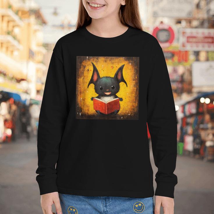 Colorful Sketch Oil Painting Of A Bat Reading Book Youth Long Sleeve Tee Colorful Sketch Oil Painting Of A Bat Reading Book Youth Long Sleeve Tee