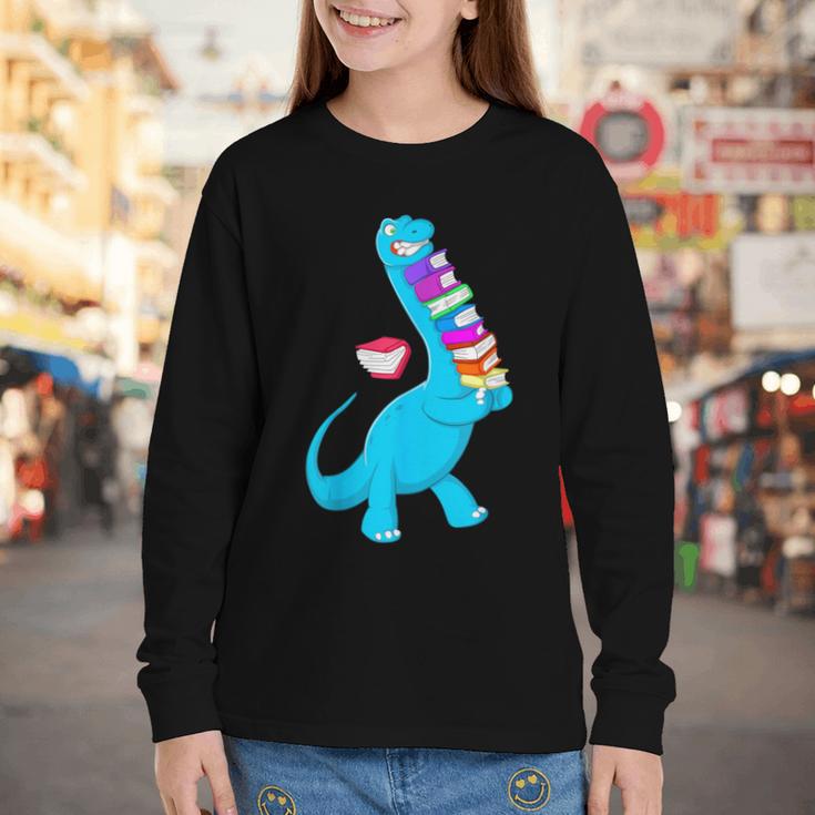 Cool Dinosaur Books Art For Men Women Libarian Book Lover Youth Long Sleeve Tee