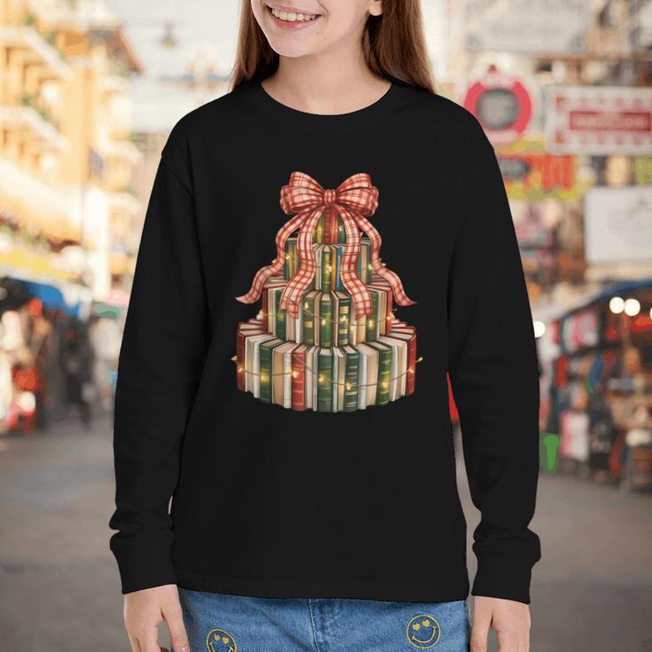Coquette Christmas Book Tree Xmas Lights Librarian Teacher Youth Long Sleeve Tee