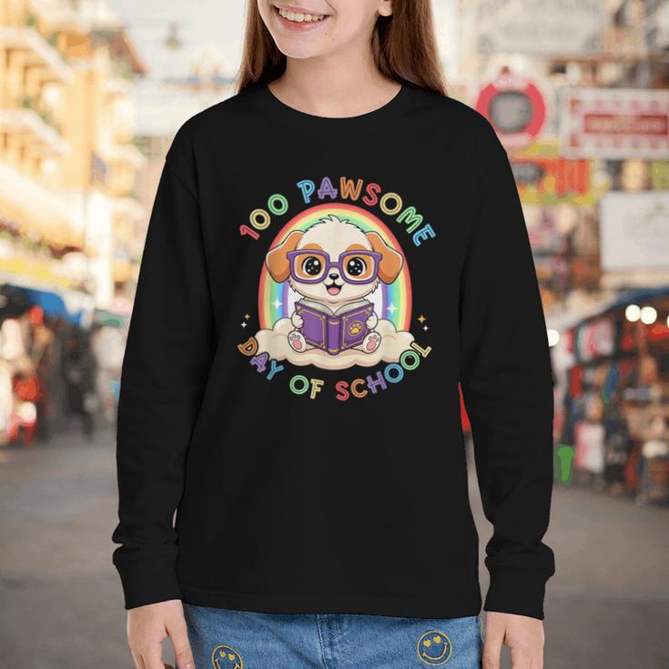 Cute 100th Day Of School 100 Days Dog Reading Book Rainbow Youth Long Sleeve Tee
