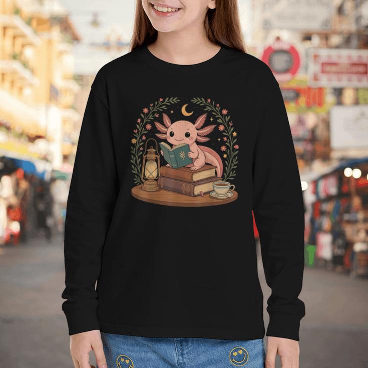 Cute Axolotl Reading Books Cozy Bookworm Youth Long Sleeve Tee