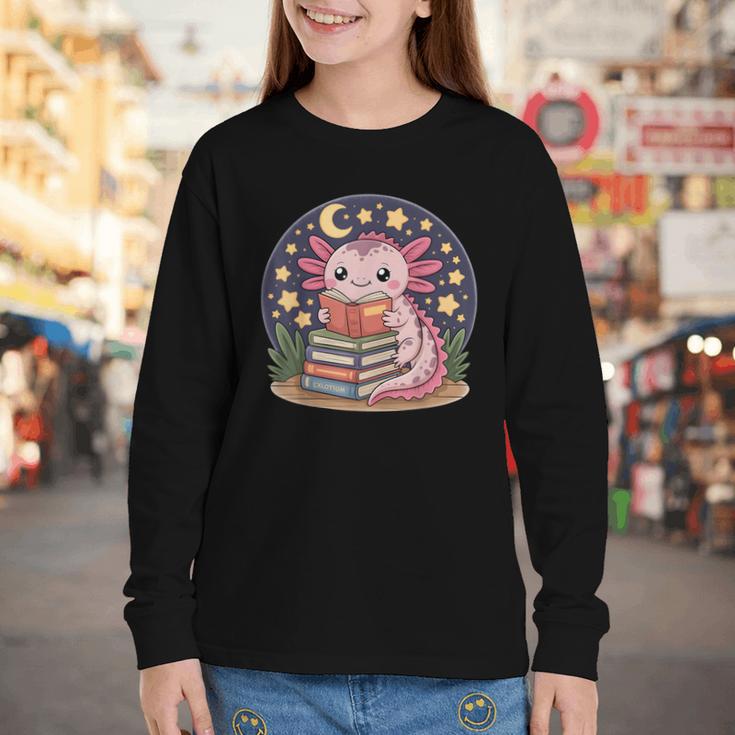 Cute Axolotl Reading Books Cozy Night Aesthetic Youth Long Sleeve Tee Cute Axolotl Reading Books Cozy Night Aesthetic Youth Long Sleeve Tee