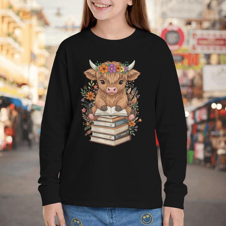 Cute Baby Highland Cow Reading Book Librarian Bookworm Youth Long Sleeve Tee Cute Baby Highland Cow Reading Book Librarian Bookworm Youth Long Sleeve Tee