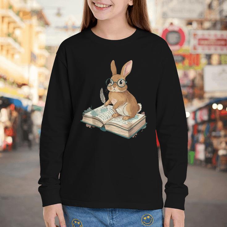 Cute Bunny Reading Book Glasses Bookworm Youth Long Sleeve Tee Cute Bunny Reading Book Glasses Bookworm Youth Long Sleeve Tee