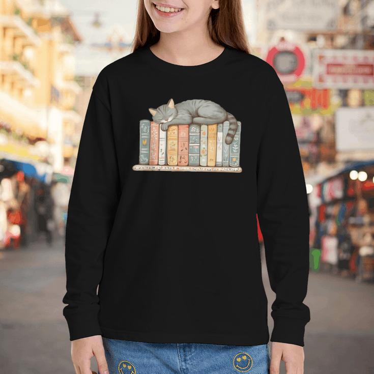 Cute Cat Sleeping On Books Youth Long Sleeve Tee
