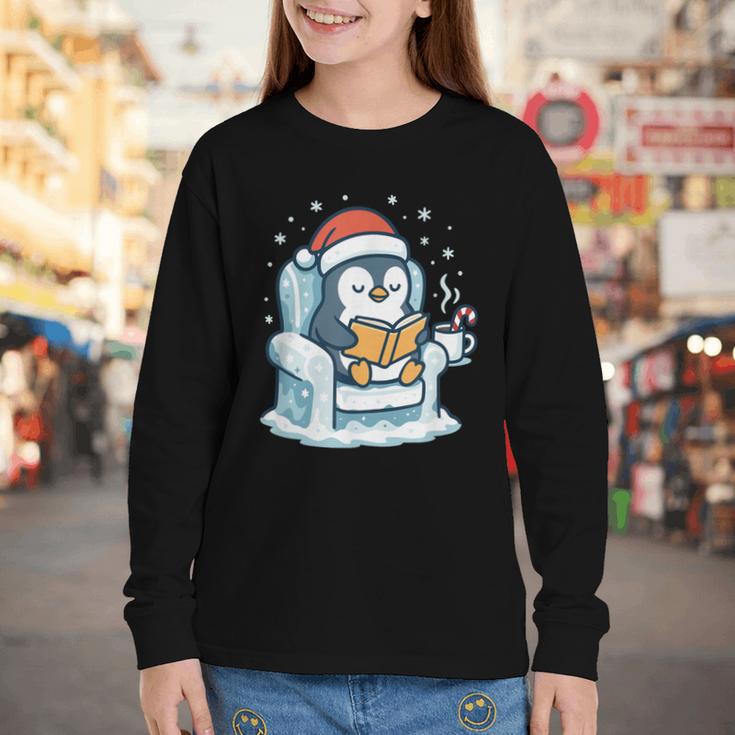 Cute Christmas Penguin Reading Book Cozy Winter Holiday Art Youth Long Sleeve Tee