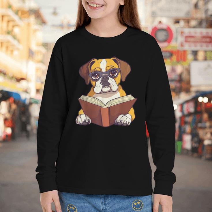 Cute Dog Boxer Reading Book Youth Long Sleeve Tee Cute Dog Boxer Reading Book Youth Long Sleeve Tee