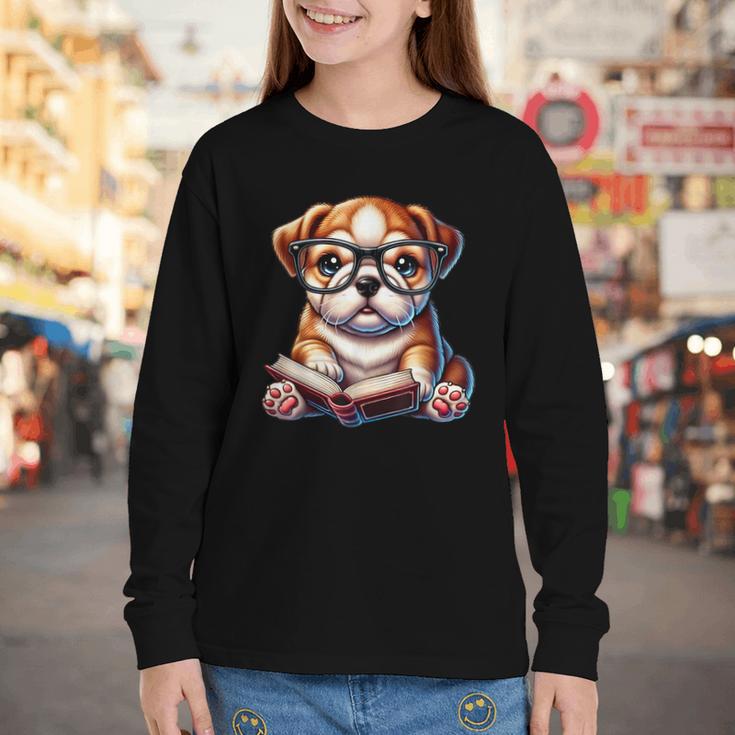 Cute Dog Puppy English Bulldog Reading Book Youth Long Sleeve Tee